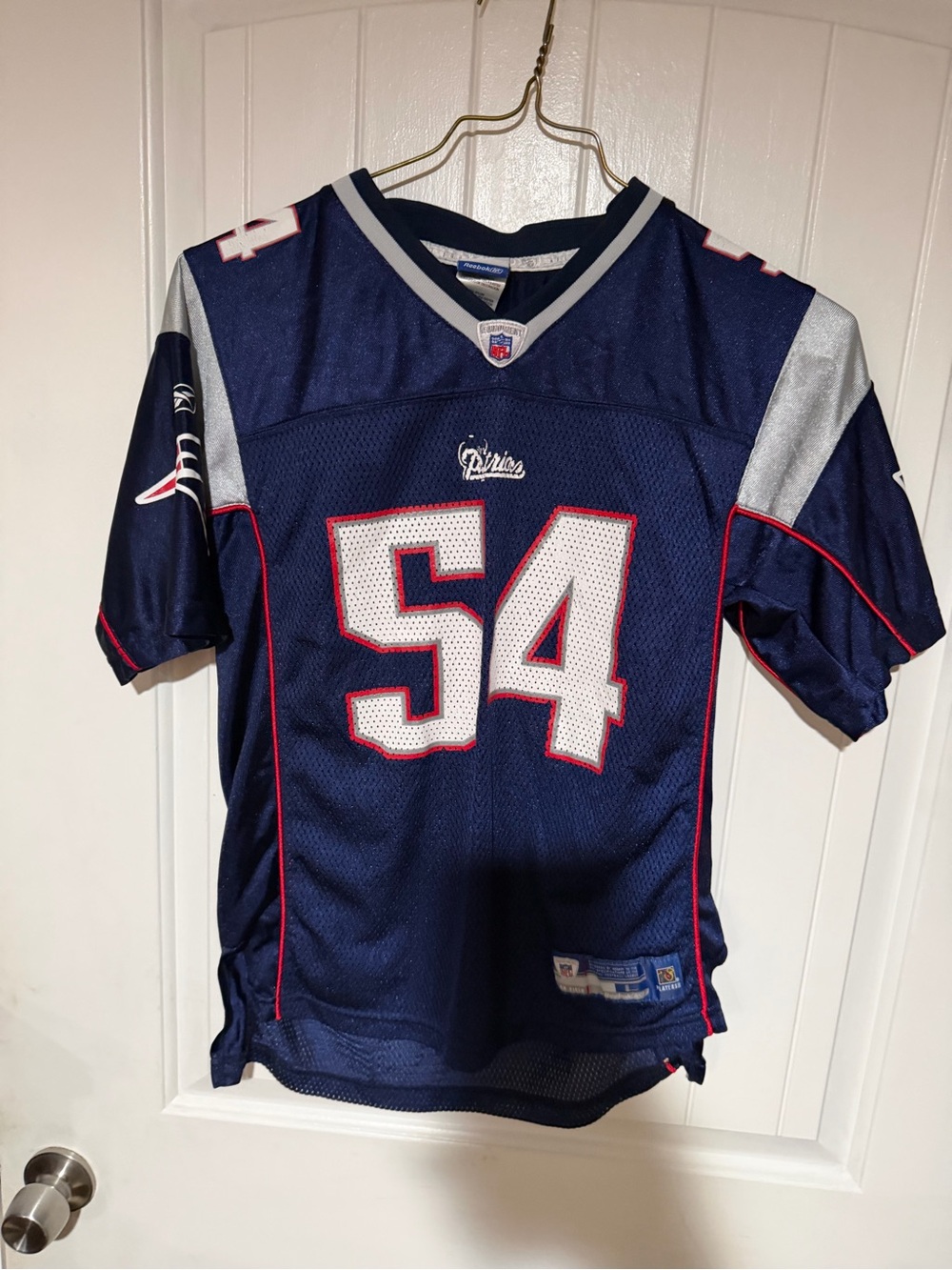 Youth size 14-16 Teddy Bruschi Reebok Navy, White & Silver Football Jersey #54